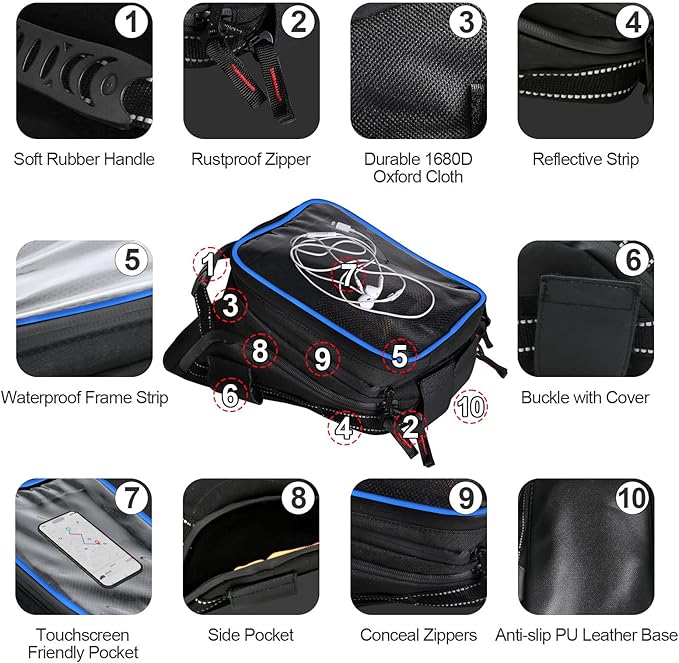 Motorcycle Tank Bag w/Strap Storage Bag Compatible with Honda Yamaha Suzuki Kawasaki Harley Water Resistant (Blue Piping)