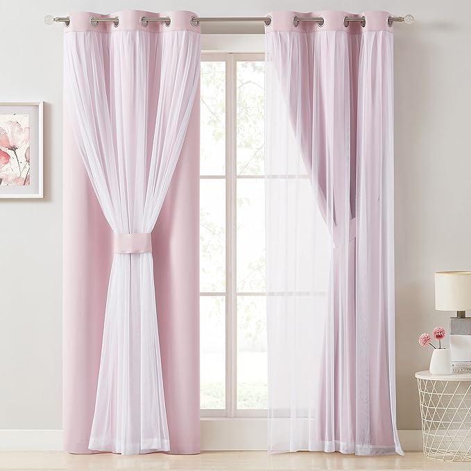 Bujasso Pink Blackout Curtains with Sheer Overlay Mix and Match Double Layer 80% Room Darkening Window Treatment Set for Girls Bedroom Living Room Pink Drapes with Tiebacks Grommet Top 37" Wx84 Lx2