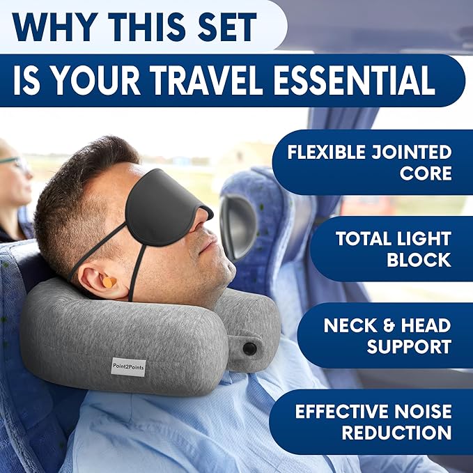 Memory Foam Neck Pillow Travel Airplane - Comfortable & Adjustable Twist Airplane Pillow for Long Flight with Soft Washable Velvet Cover, Eye Mask & Earplugs | 360° Neck Support, Chin, Lumbar