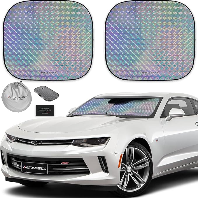 Autoamerics 2-Piece Windshield Sun Shade - Holographic Foldable Car Front Window Sunshade for Most Cars SUV Truck - Heat Blocker Visor Protector Blocks Max UV Rays and Keeps Your Vehicle Cool - Small