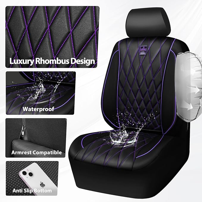 CAR PASS Piping Luxury Faux Leather Two Front Car Seat Covers, Waterproof Anti Slip Premium Automotive Seat Covers,Universal Fit for Suvs,Vans,Trucks, Armrest Airbag Compatible (Black and Purple)