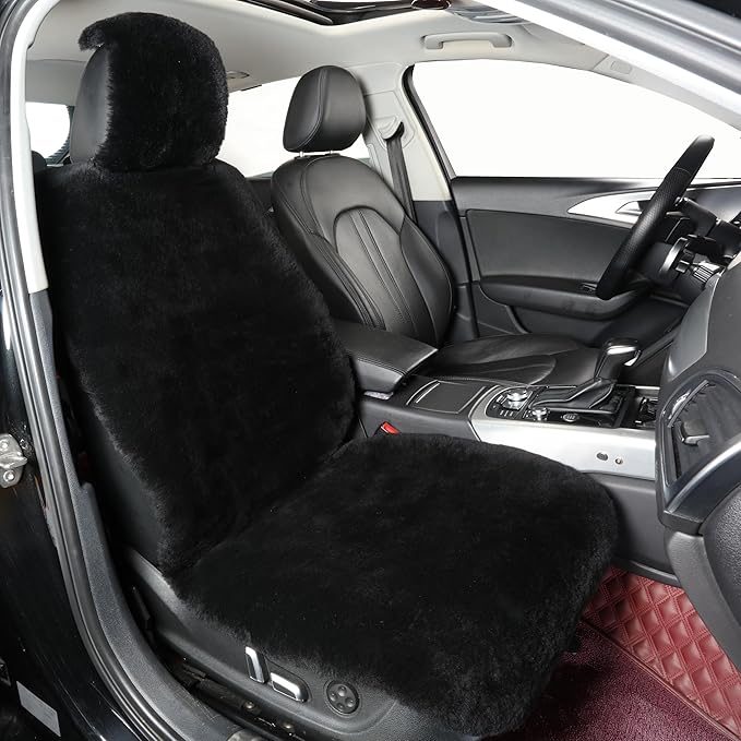 Natural Fur Sheepskin Universal car seat Covers for seat Cushion Auto Accessories (Inky Black, Universal Fit Pack of 2)
