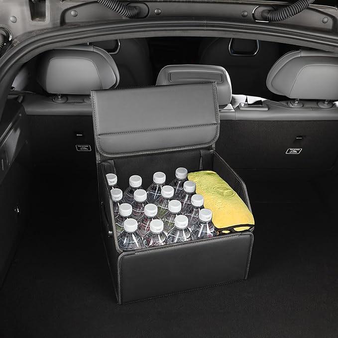 Trunk Organizer,car organizers and storage,black Leather Storage Box with lid,Fiberboard,Collapsible,15''L x 13''W x 12.4''H,2K inches³(size A)
