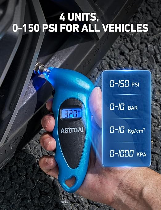 AstroAI Digital Tire Pressure Gauge 0-150PSI Calibrated to ANSI B40.7 +/-1PSI, Accurate in 0.1 Increments, Tire Repair Tools 4 Pressure Measurements for Car Truck with Backlight LCD, Blue