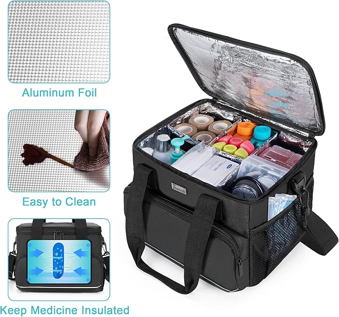 Trunab Insulated Medical Bag with Adjustable Dividers, Medicine Supplies Water-Resistant Bag for Home, Travel, Camping, Empty Bag - Patented Design,Black