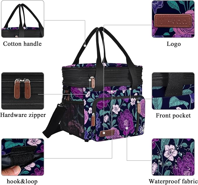 MIYCOO Lunch Bag & Lunch Box for Women Men, Double Deck Leakproof Insulated Soft Large Adult Camping Cooler bag for Work, Beach, Picnic, Travel (Purple Flower, 15L)