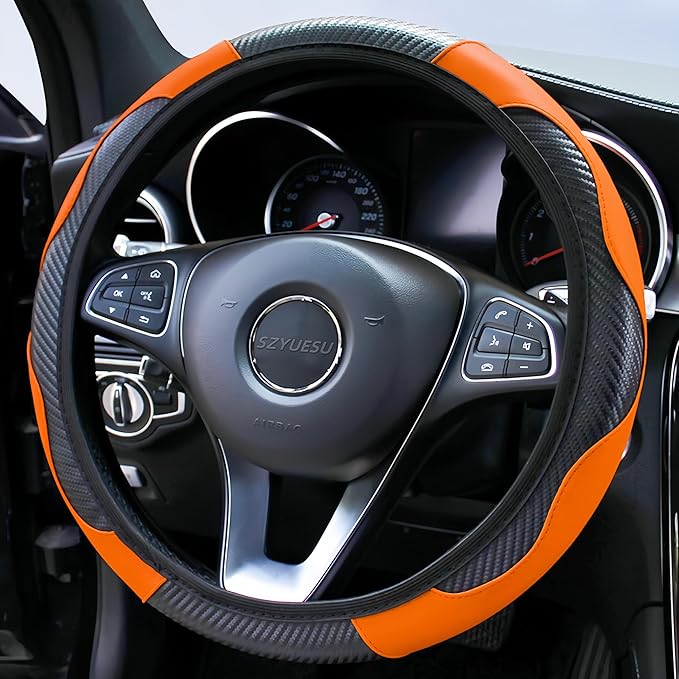 Car Steering Wheel Cover, 15 inch Microfiber Leather Carbon Fiber Soft Anti-Slip Breathable, Universal Size Elastic Car Accessory for Most Cars (Orange)