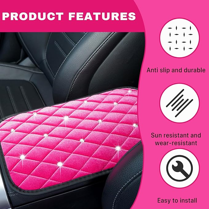 Bling Car Center Console Cover, Soft Fluffy Armrest Seat Box Cushion Pad, Crystal Diamond Arm Rest Protection Mat, Automotive Interior Decoration Accessories for Most Vehicles (Pink)