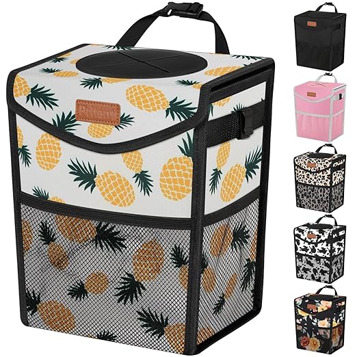 Pritent Car Trash Can with Lid, Cute Leakproof Car Trash Garbage Bag Hanging Vehicle Trash Bin Small Portable Automotive Garbage Cans Organizer for Back/Front Seat/Console(2.8 gal,Pineapple Print