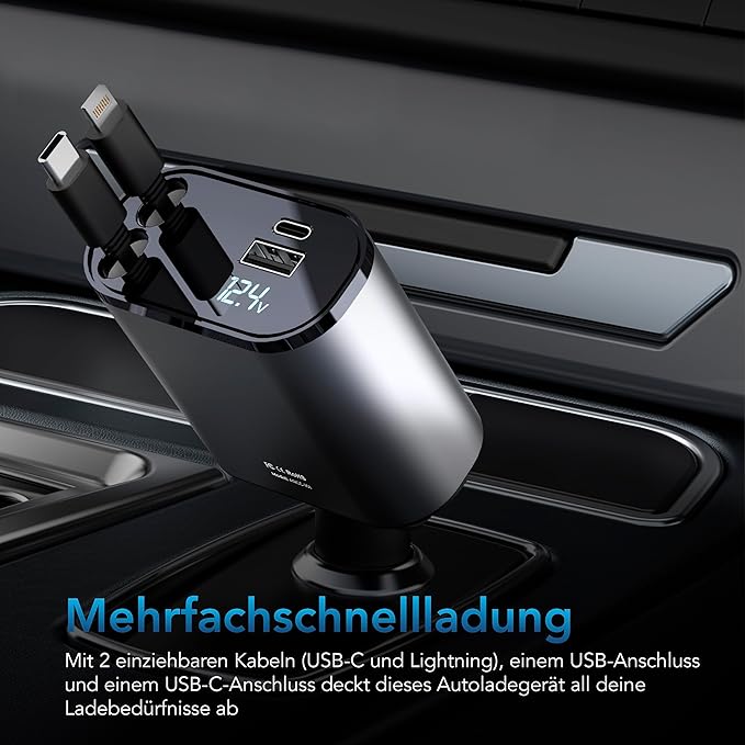 AutoSky 4-in-1 Retractable Fast Charger, for Cars: 100W Car USB-C & iPhone Cable, USB-C/A Ports - Compatible with iPhone, Galaxy, Pixel and More.