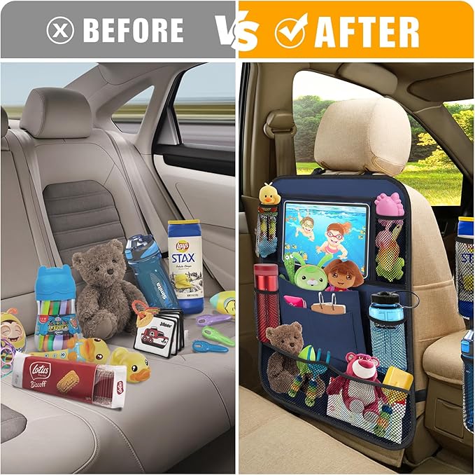 ULEEKA Car Backseat Organizer with 11" Table Holder, 10 Storage Pockets Seat Back Protectors Kick Mats for Kids Toddlers, Travel Accessories, 2 Pack, Blue