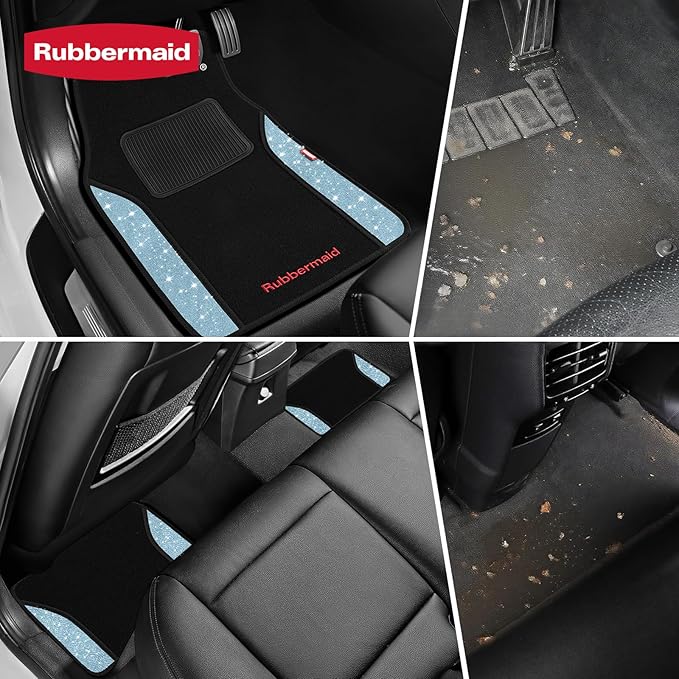 Rubbermaid Bling Car Mats, Carpeted Floor Car Mat with Faux Leather & Built-in Heel Pad, Two-Tone Car Rug Floor Mats, Stylish Carpeted Floor Mats for Cars, Trucks & SUVs Glitter Blue Color