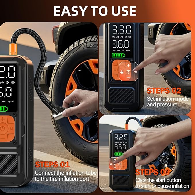 Y34 Tire Inflator Portable Air Compressor,4X Faster Inflation,10000mAh Cordless/12V DC 150PSI Air Pump for Car Tires with Digital Pressure Gauge/LED Light for Car,Motorcycle,Bike,Ball