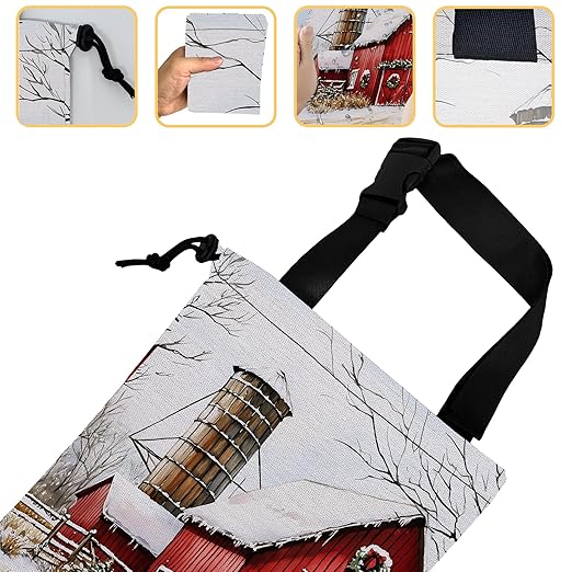 Snowy Red Barn Car Trash Bag,Mistletoe Wreaths Strap Drawstring Car Garbage Bags,Car Back Seat Organizer with Adjustable Buckle for Car Accessories