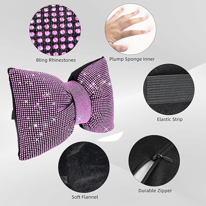 4 PCS Bling Car Pillows,Rhinestones Bowknot Car Headrest Pillow,Car Neck Pillow for Driver Relax Necksupport,Sleeping Travel Support Neck Pillow,Shiny Diamond Interior Accessories for Women,Pink