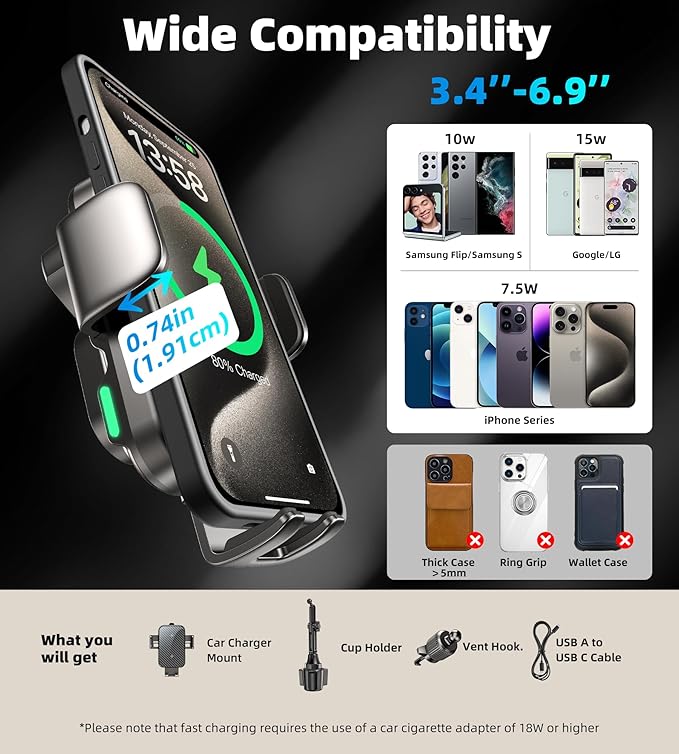 Dual Coil 15W Cup Phone Holder Mount,Wireless Car Charger Auto-Clamping Fast Charging Vent Phone Holders for Your Car for iPhone 17/17Pro/17Pro Max/16/15/14/13,Samsung Flip S25 S24 S23 S22 Ultra