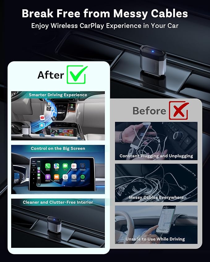 OTTOCAST Mini Nova Wireless CarPlay Adapter Convert Wired to Wireless CarPlay Fast Auto Connect, Plug & Play 2 in 1 Mini Dongle for Factory Wired CarPlay/Android Auto Cars