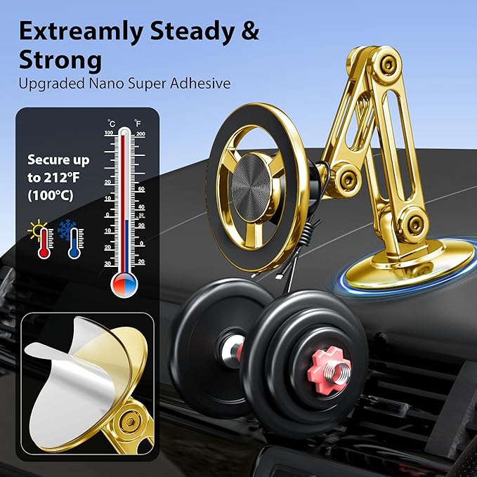 Ultra Magnetic Long-Arm Phone Holder Stand, Fits for MagSafe Car Mount Bracket【Windshield+Vent+Dash】, 360° Rotation Adjustable Strong Magnets Car Mount Desk Office Phone Cradle Holder, Gold