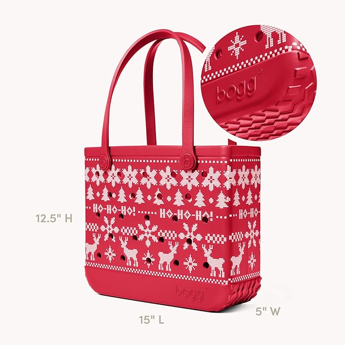 BOGG BAG Medium Tote – 15” x 12.5” x 5” – Durable, Washable, Tip-proof – Beach, Pool, Boat, Work, Sports (Ugly Sweater - Red)