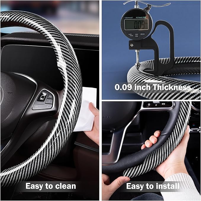 Car Steering Wheel Cover Carbon Fiber Snap On Steering Wheel Accessories Wrap 14.5-15 inch Universal Grip Anti-Skid Protector, Glossy Silver