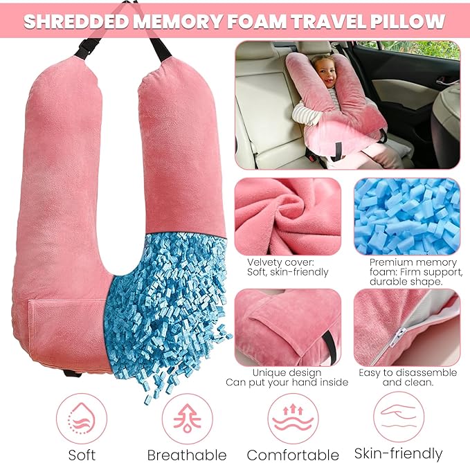 Travel Pillow, Car Pillow for Kids & Adults, Kid Travel Sleeping Pillows for Neck & Body Support, Car Travel Essentials Pillow on Road Trips, Pink