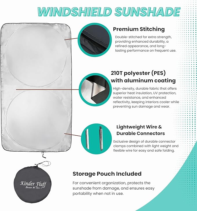 Windshield Sun Shade - Certified 99.87% UVB & 99.02% UVA Protection Car Sun Shade. Award Winning Sunshade for Car Windshield with Patented Technology. Size L 63"x35" Car Window Shades by Kinder Fluff