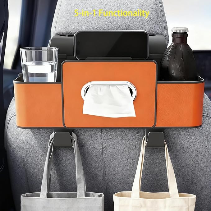 3-in-1 Car Backseat Organizer with Dual Cup Holders, Seat Back Storage Box, Built-in Tissue Holder, Adjustable Universal Design for Neat and Practical Car Interior Storage (Black)