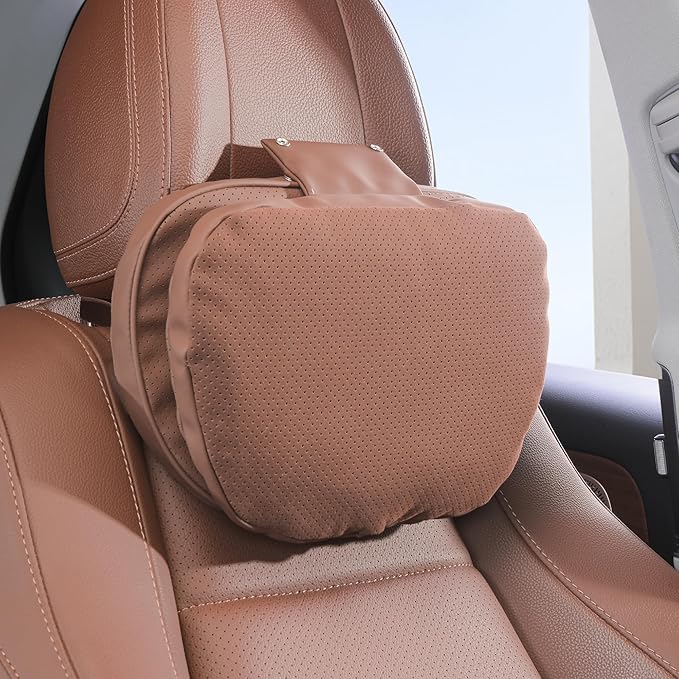 Car Headrest Pillow for Driving, Dual-Sided Leather Design Neck Pillow, Breathable Softness Neck Support, Universal Fit Head Rest Travel Pillow, Brown, 1 Pack