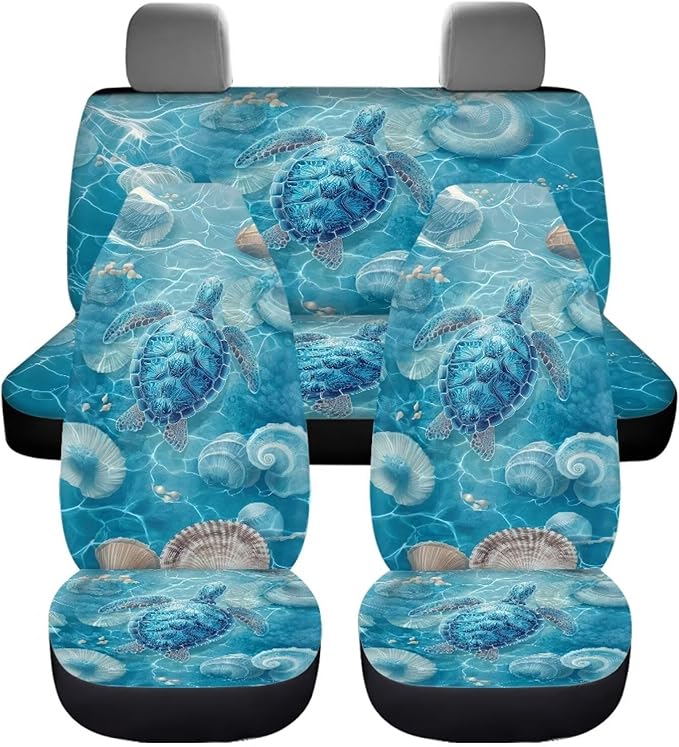 KEIAHUAN Blue Sea Turtle Front and Back Car Seat Covers Front Saddle Blanket Rear Split Bench Protection Cover Soft and Breathable Automotive Accessories Universal Fits Sedan Truck SUV