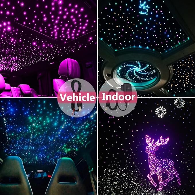 36W 4-Head 4 Color RGBW Twinkle Fiber Optic Lights, Starlight Headliner Kit with Total 800pcs*0.75mm/0.03in 9.8ft Optical Fiber Cables+Remote and APP Control for Car and Home Interior Decoration