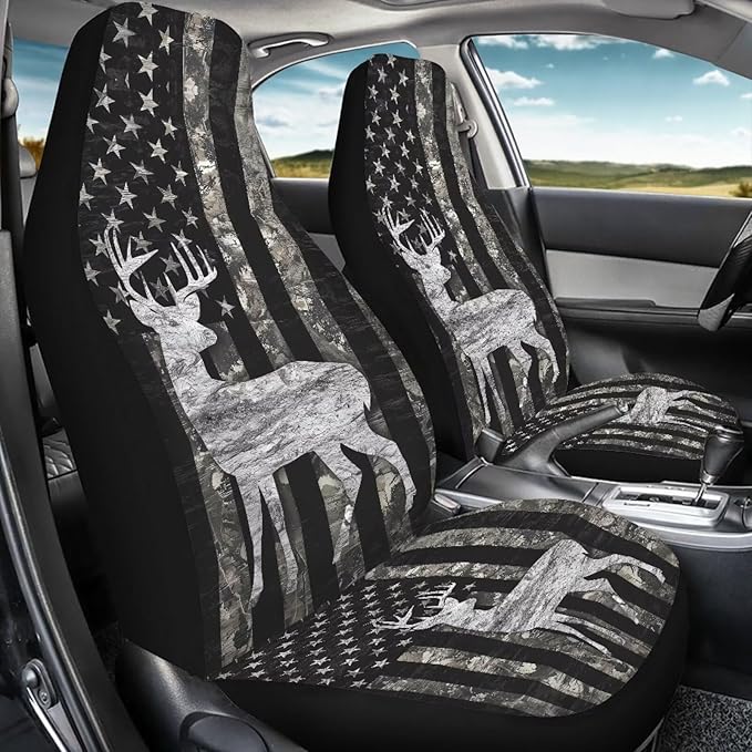 KEIAHUAN Car Seat Covers Full Set of 4 American Flag Deer Camo Hunting Breathable Comfort Auto Interior Seat Protector Front Back Universal Fits Most Cars, Vans, SUVs, Trucks