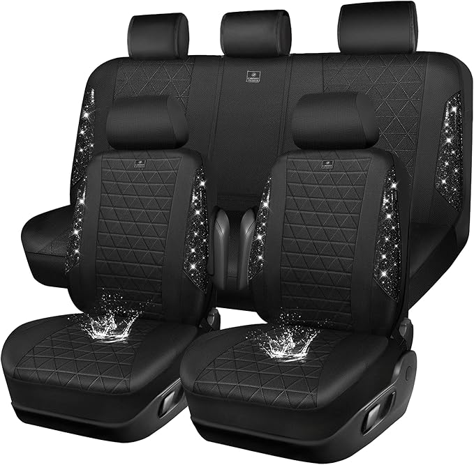 CAR PASS Oxford Bling Diamond Car Seat Covers Full Set Interior Sets, Waterproof Shining Glitter Sparkly Crystal Universal Armrest Fit 95% Automotive Truck SUV Cute Women Girl, All Black Rhinestone