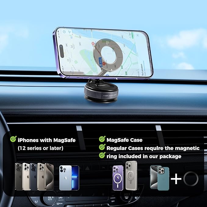 Vacuum Magnetic Phone Holder for Car 360° Adjustable Magsafe Car Mount - Compatible All Smart Device Phone Mount, Secure GPS & Call, Magsafe Accessories & Car Stuff - Black