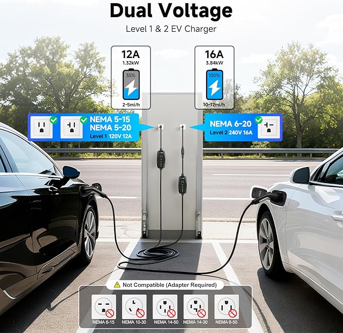 Level 1&2 EV Charger -16Amp Adjustable Current Home Charging Station with 110V-240V NEMA 6-20 Plug & 5-15 Adapter, 25FT Cable Portable Electric Vehicle Car Charger, SAE J1772 Charging Station for Home