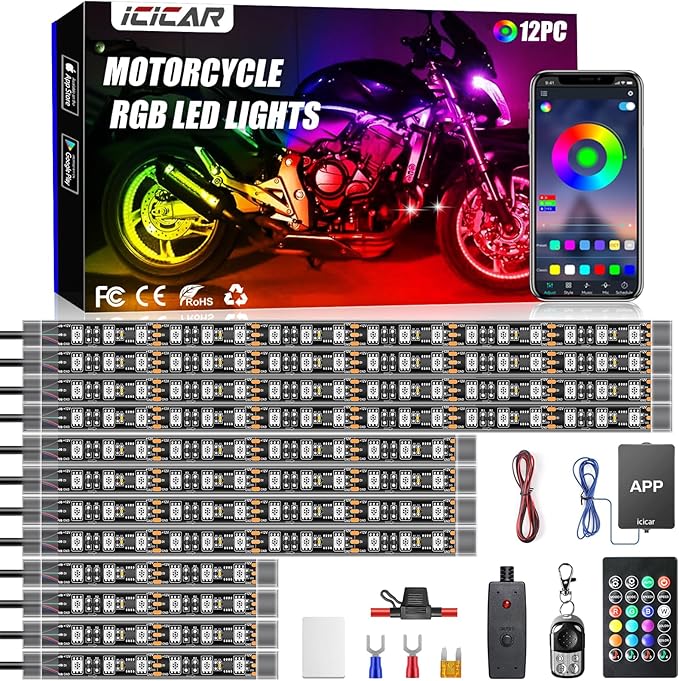 Motorcycle LED Underglow Kit, icicar 12 Pcs APP/RF Control Multicolor Motorcycle LED Light Kit with Brake Turn Signal, IP68 Waterproof & Music Sync Ambient Light for Motorcycles
