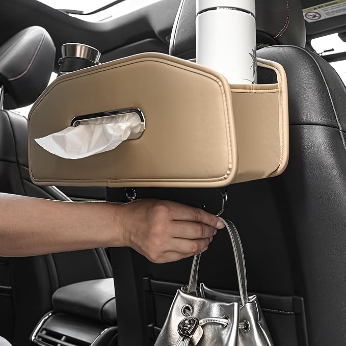 JEYODA Car Seat Back Organizer with 2 Drink Cup Holder,Car Tissue Holder and Storage Box Hook, 3 in 1 Multifunctional Storage for Food Drink Phone, Travel Accessories (Beige)
