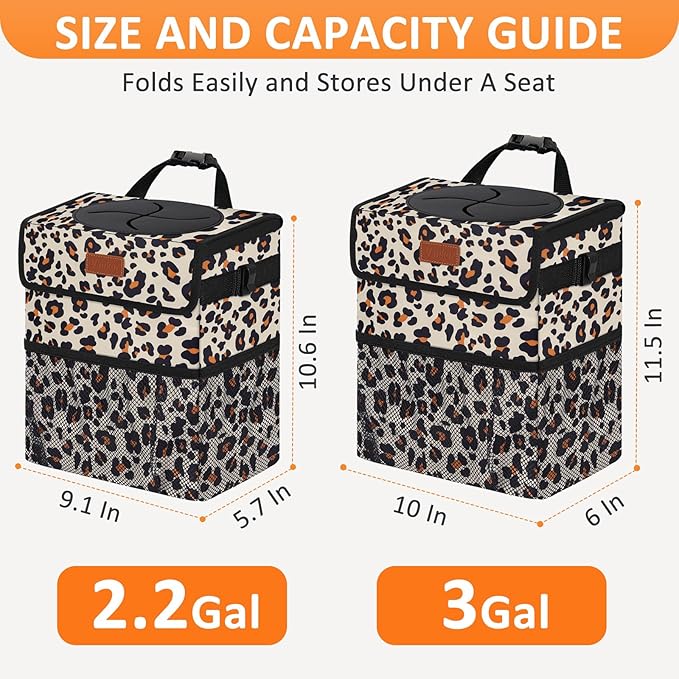 Vankor 3 Gallons Cute Car Trash Can, Car Accessories for Interior Leak Proof Can Trash Bag Hanging Waterproof Automotive Vehicle Garbage Cans Leopard Print Pattern