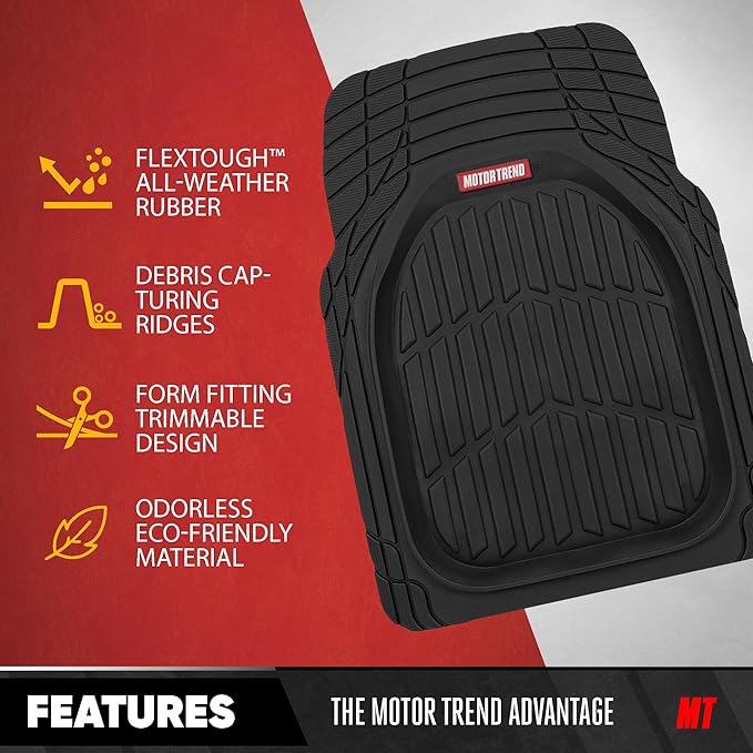Motor Trend FlexTough Contour Liners Deep Dish 3 pc Rubber Floor Mats & Trimmable Trunk Liner Cargo Mat - Heavy Duty All Weather Protection Car Mats with Traction Grips Car Accessories (Black)