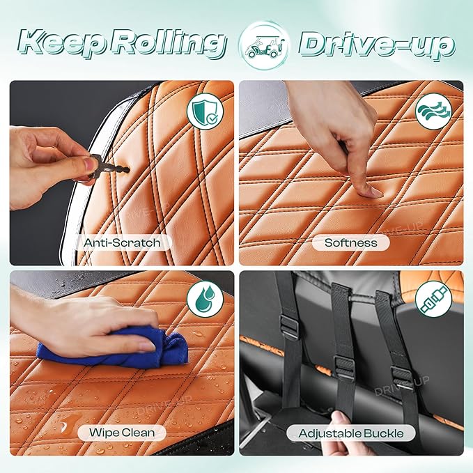 DRIVE UP Club Car Diamond Seat Covers, Brown Diamond Golf Cart Front Seat Covers Fits for Club Car Precedent Golf Carts, Black Stitching Seat and Backrest Leather Covers, Anti-Scratch and Waterproof