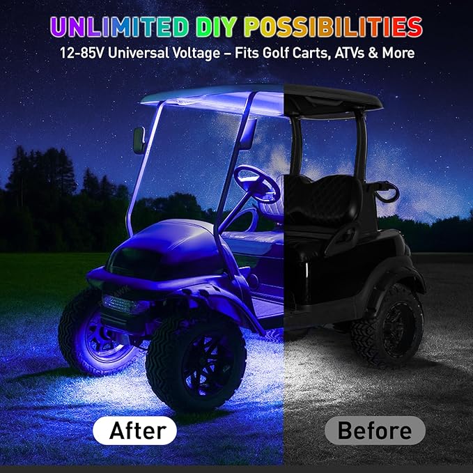 Golf Cart Underglow LED Light Strip Kit, 28 RGB Modes with Music Sync & Wireless Remote | 12-85V Wide Voltage, Fit Club Car, EZGO, Yamaha (2/4/6 PCS)