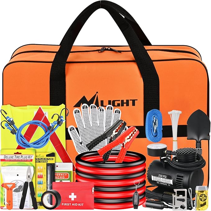 Nilight Car Emergency Kit with Jumper Cable Air Compressor Tire Repair Essential Tools First Aid Alligator Connector Electrical Kit for Travel Camping Outdoor Cars Truck SUV RV
