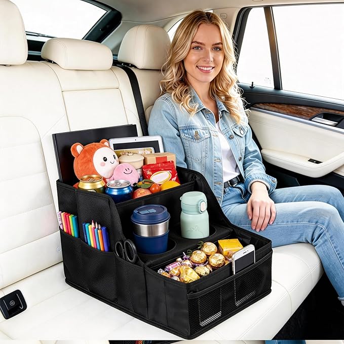 Car Seat Organizer Backseat and Passenger Seat Organizer with 9 Compartments 2 Cup Holders Car Organizer Front Seat Storage for Travel Kids，Black