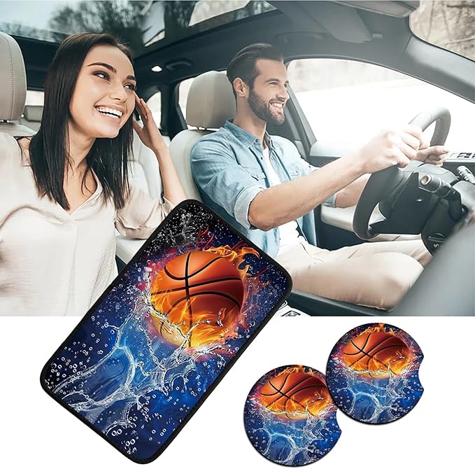 Car Armrest Cover Pads Universal Fashion Cute Auto Center Console Armrest Cover Pad with 2PCS Car Coasters Soft Waterproof Car Armrest Seat Protector for Women, Basketball