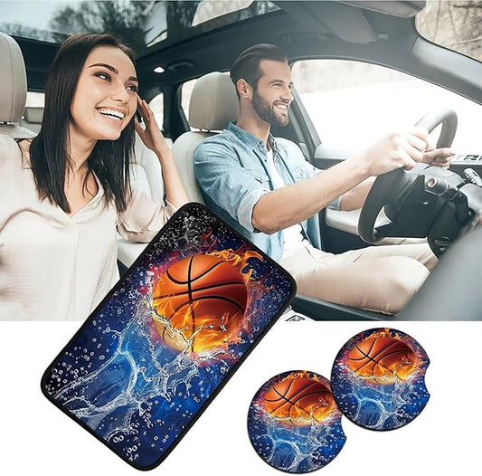 Car Armrest Cover Pads Universal Fashion Cute Auto Center Console Armrest Cover Pad with 2PCS Car Coasters Soft Waterproof Car Armrest Seat Protector for Women, Basketball