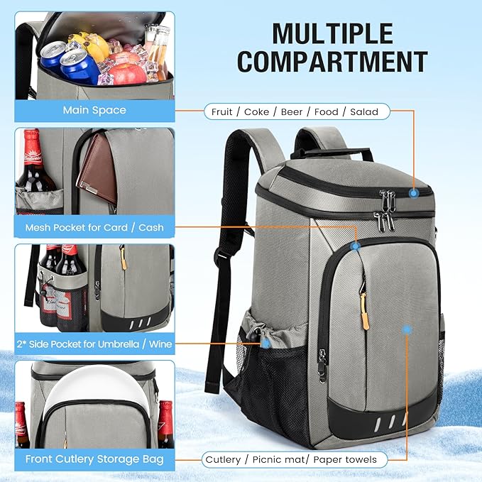 Cooler Backpack - 40 Cans Insulated Leak Proof Backpack Cooler Portable Picnic Camping Beach Hiking BBQ Picnic Bag for Men and Women -Grey