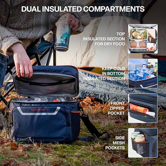 EVERFUN Small Cooler Bag 24/48 Can Insulated Lunch Box Double Deck Soft Leak-Proof Waterproof Collapsible Ice Chest for Men Women Work Travel Car Trip Picnic Beach