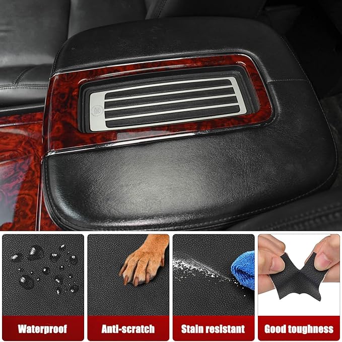 KBH Center Console Cover Replacement for Cadillac Escalade 2007 2008 2009 2010 2011 2012 2013 2014, Vinyl Leather Armrest Skin Upholstery, Anti-Scratch, Black (Leather Part Only)