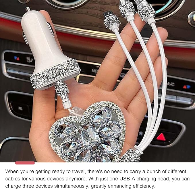 Multi Charging Cable, 3 in 1 Multi Charger Cable with Type-C/Lightning/Micro USB Connectors, Rhinestone Retractable Car Charger Cord, Universal for Most Phones, Tablets (White)