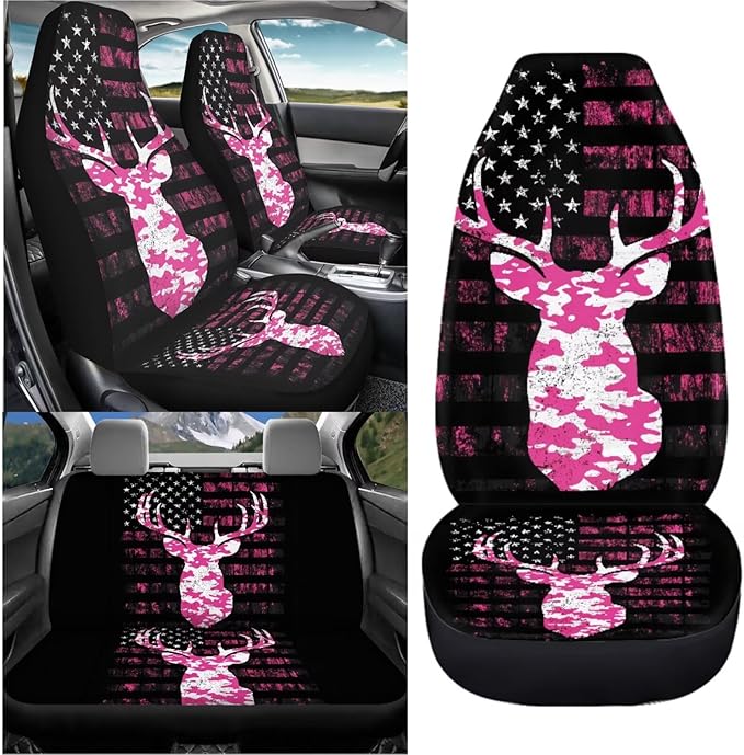 KEIAHUAN Camo Deer Hunting Car Seat Covers 4pcs Full Set Pink Front and Rear Bench Protector Fit Most Vehicle, Cars, Sedan, Truck, SUV and Van Auto Interior Accessories