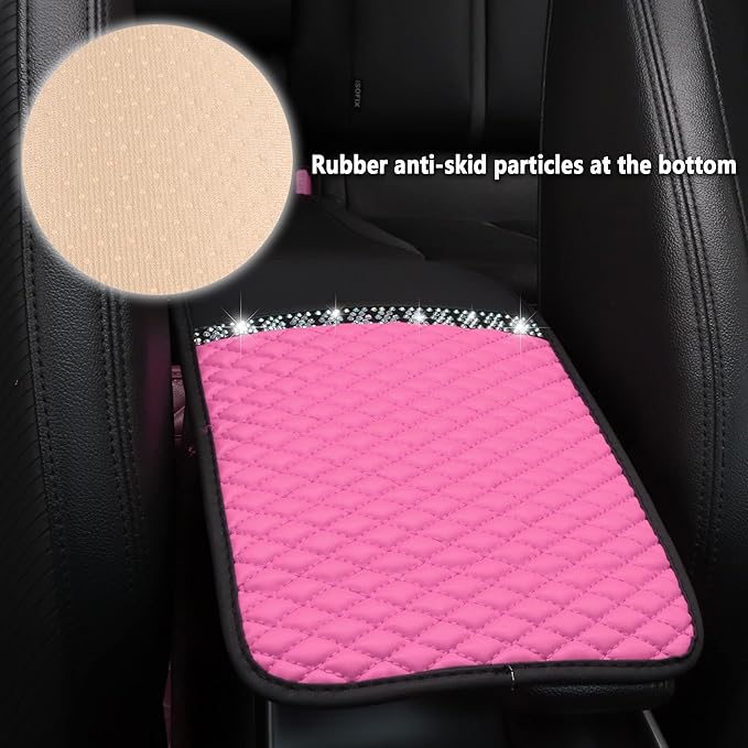 Bling Leather Car Armrest Box Cover,Car Center Console Protector with Colorful Crystal Rhinestones,Anti-Scratch Waterproof Car Armrest Seat Pad for Most Car,SUVs,Trucks (Pink)